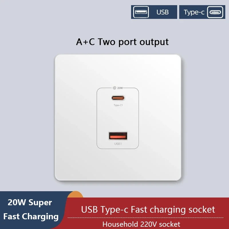 20W Smart Wall Socket - Dual USB-C & USB-A Fast Charging Outlet