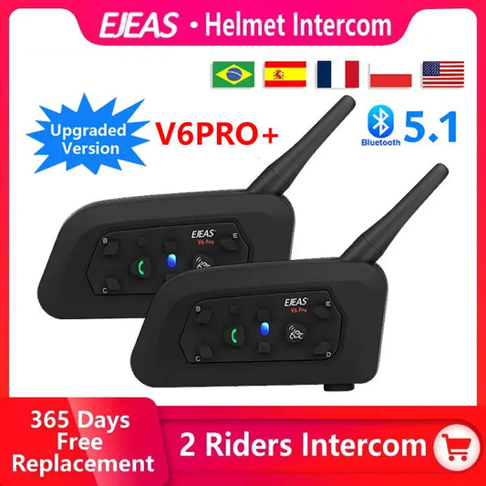 EJEAS V6 Pro 1200M Motorcycle Helmet Bluetooth Intercom – 6 Rider Connectivity