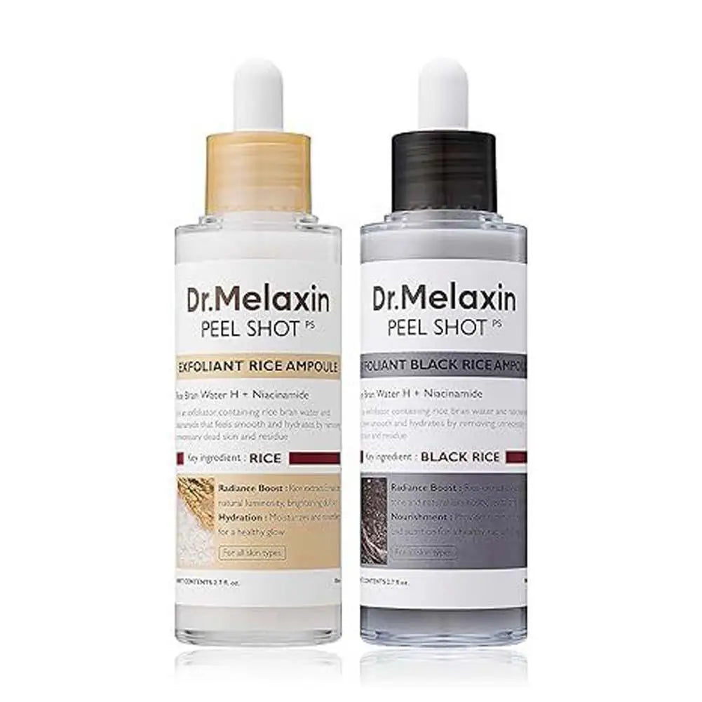 Dr.Melaxin Peel Shot Ampoule: White + Black Rice Exfoliating Essence| Gentle, Deep Moisturizing Serum